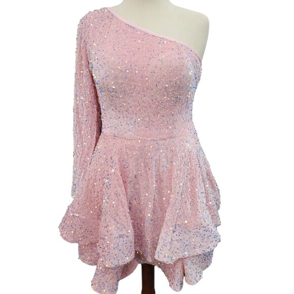 NWT Light Pink Asymmetric One Long Sleeve Short Sequin Dress - Picture 1 of 11
